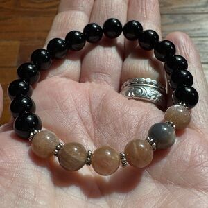 Peach Moonstone & Black Obsidian Crystal Gemstone Stretch Bracelet Energy